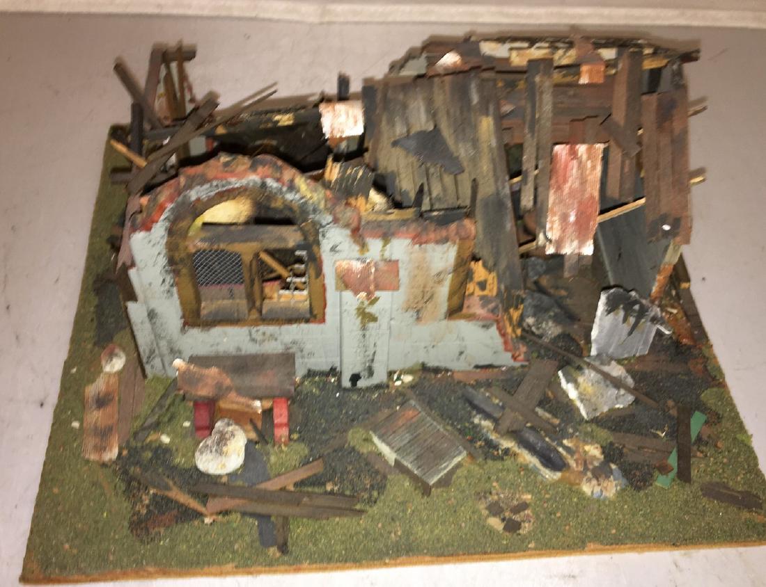 Wood Craftsman O Gauge Decaying Building Diorama: O gauge decaying building diorama. Wood construction. About 12 inches by 12 inches.
