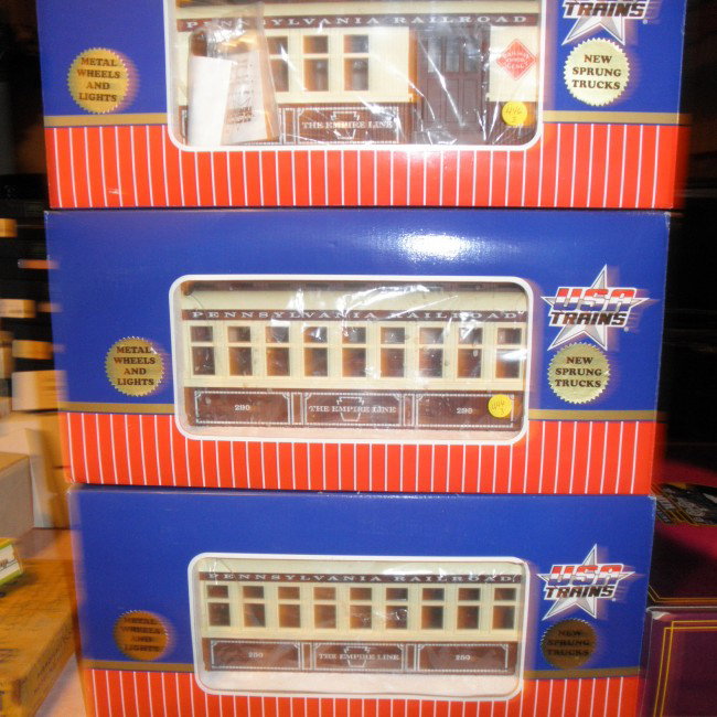 USA TRAINS PRR G GAUGE PASSENGER CARS OB: Three (3) USA Trains Pennsylvania Empire Line G Gauge passenger cars in the original boxes.