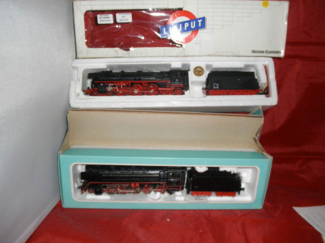 MARKLIN AND LILLIPUT HO GAUGE LARGE STEAM ENGINES: Two (2) HO gauge large European style steam engines and tenders in the original boxes. Marklin #3047 4-8-0 and Lilliput #10138 4-6-2