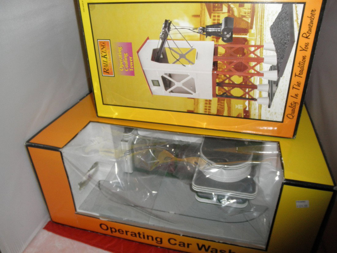 MTH O GAUGE OPERATING ACCESSORIES OB: Two (2) MTH O gauge operating accessories in the original box. #30-9104 Speedy Car Wash, #30-9043 operating coaling tower.