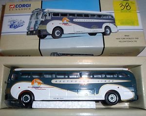 CORGI 98460 NY WORLDS FAIR O GAUGE BUS OB: Corgi #98460 New York World's Fair O gauge Yellow Coach 743 Bus: die cast construction, other very nice features, original box, very nice details, very nice color scheme.