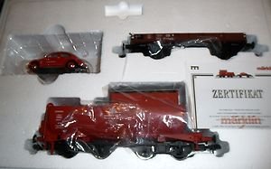 MARKLIN 58216 GAUGE 1 LOSCHWASSER WAGON SET OB: Marklin #58216 Gauge 1 Loschwasserwen wagon set: two cars, diecast automobile load, other very nice features, original box, paperwork, very nice details, very nice color scheme.