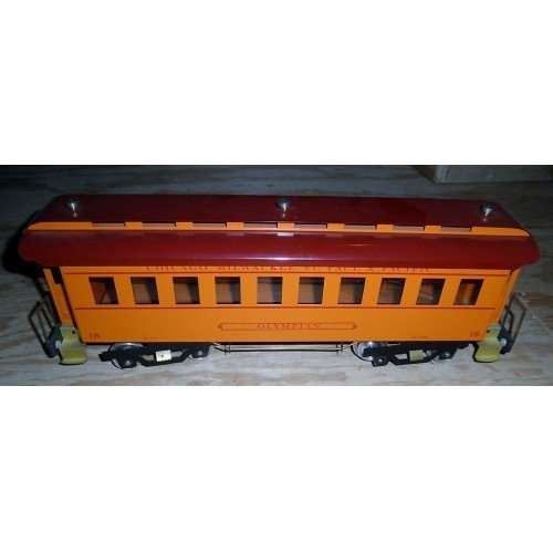 CCMC MR OLYMPIA STANDARD GAUGE PASSENGER CAR: Classic Models Company (CMC) Milwaukee Road Olympia "18" standard gauge passenger car: metal construction, lighted, other very nice features, no box, very nice details, very nice color scheme.