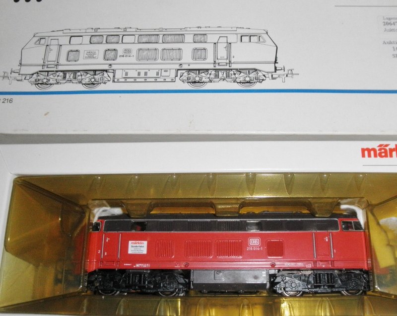 MARKLIN 3079 DB HO GAUGE DIESEL ENGINE OB: Marklin #3079 DB HO gauge European BR216 diesel locomotive: powered (untested), lighted, other very nice features, original box, very nice details, very nice color scheme.