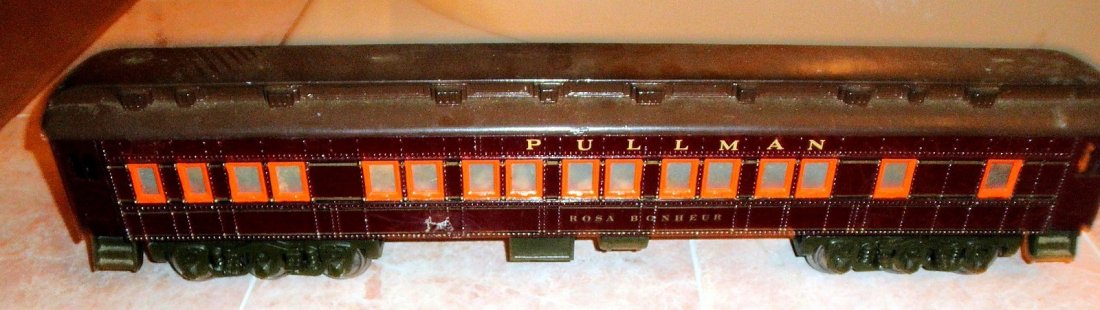 ROSA BONEUR VERY LARGE SCALE METAL PULLMAN CAR: Unknown manufacturer Rosa Boneur very large (Gauge 2?) scale Pullman passenger car: metal construction, about 25" long by about 7" high, other very nice features, no box, very nice details, very nice 