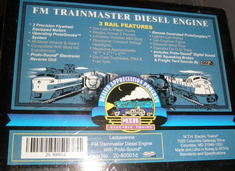 MTH 20-80001D LACKAWANNA O GAUGE FM DIESEL OB: MTH #20-80001d Lackawanna O gauge FM Trainmaster diesel engine: powered (untested), lighted, ProtoSound, other very nice features, original box, second picture is a stock MTH photo, very nice details,