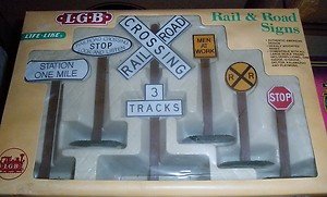 LGB LIFELIKE G SCALE RAIL AND ROAD SIGN SET OB: LGB/Lifelike G scale rail and road sign set: other very nice features, original box, very nice details, very nice color scheme.