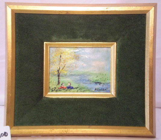 Ceramic Tile Painting: Beautiful ceramic tile painting in a 7.5"x8.5" wood/valor frame signed by artist Raphael