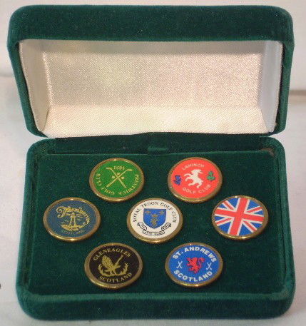 Assortment of UK Ball Markers : Collectable ball makers from some of the UK's Finest Golf Courses in fine velvet case