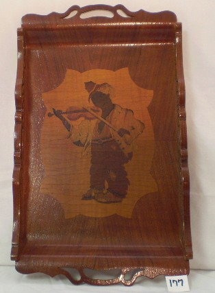Vintage Decorative Serving Tray : Beautiful Inlay of a hobo playing a violin. Decorative scroll edges. 14" x 8.5"