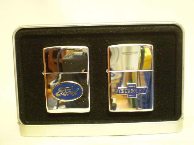2 Chrome Collector Zippo Lighters: 2 Great Zippo Lighters, 1 Ford & 1 Chevrolet in a Zippo Collectors Tin.