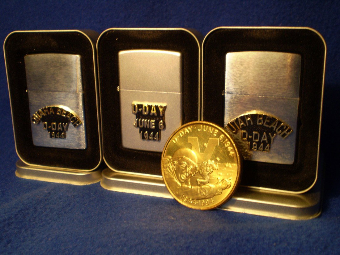 Zippo D-Day Commemorative Set: 3 Zippo Lighters Commemorating D-Day Plus a a Commemorative Coin