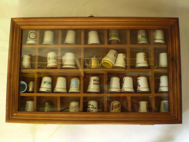 Thimble Collection: Collection of 44 Thimbles in Glass Front Cabinet