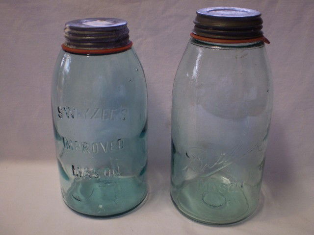 Vintage Mason Jars: 2 Mason Jars, One Marked Swayzee's Improved Mason and the other is Marked Ball Mason. About 1/2 gallon size.