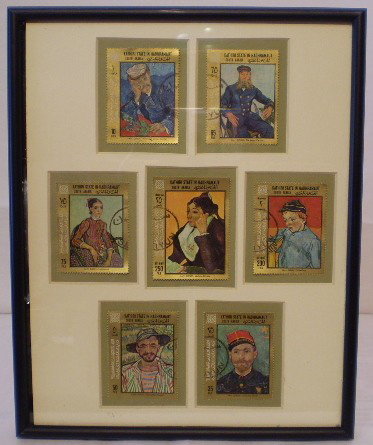 7 x Kathiri State in Hadhramaut Van Gogh stamps: Framed 7 used South Arabia stamps depicting Van Gogh master pieces.