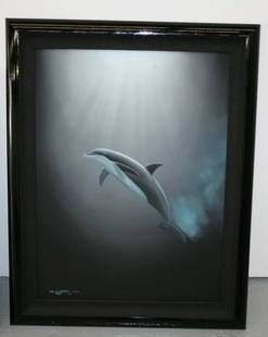 WYLAND "Evening Encounter" Oil on Canvas Signed 1989: WYLAND "Evening Encounter" Oil on Canvas Signed and Dated 1989 23x29 Simple Black Lacquer Framed Letter of Replacement Value Dated 12/10 - $26,570 The Artist Marine Life Artist Wyland