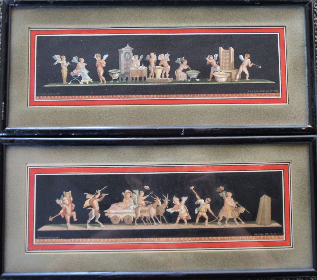 Pair of Scognamiglio Watercolors : 1900 Vintage: You are bidding on a pair of 1900 Vintage Watercolors by Scognamiglio depicting classical Roman scenery. Each 13.5x8. Watercolor. Clean and bright colors with Angel subjects depicting live in Pompeii.