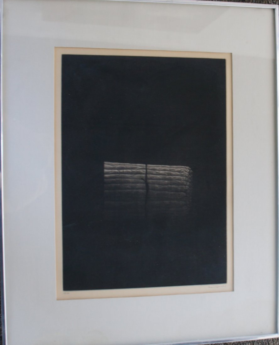 Yozo Hamaguchi (1909-2000): Mezzotint on paper: You are bidding on a numbered Mezzotint on paper by Japanese Artist Yozo Hamaguchi. Depicting log in dramatic black and gray mezzotint. Signed with pencil "Hamaguchi" on lower right corner and numbere