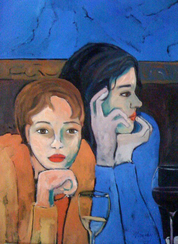 Two Women, VIRUCHY DELGADO 2003: (Cuban, b. 1952), Oil on canvas, 24 x 36 inches