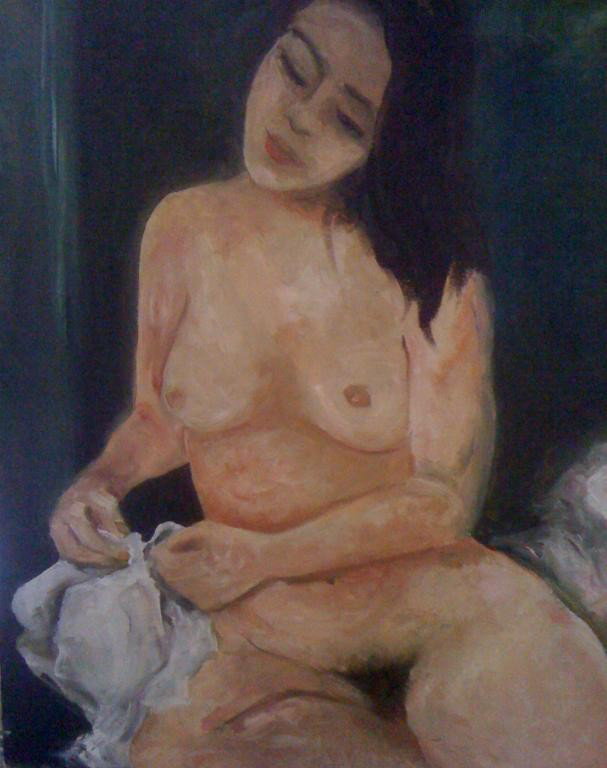 Undressing, VIRUCHY DELGADO 1993: (Cuban, b. 1952), Oil on canvas, 20 x 16 inches