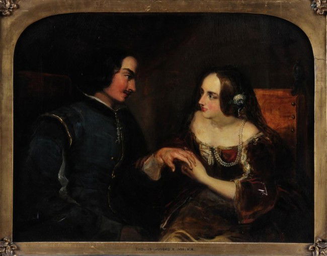 THOMAS MUSGROVE JOY: A PAINTING, "Courting Couple," oil on canvas, signed and dated 1840 L/R 14" x 18". Framed
