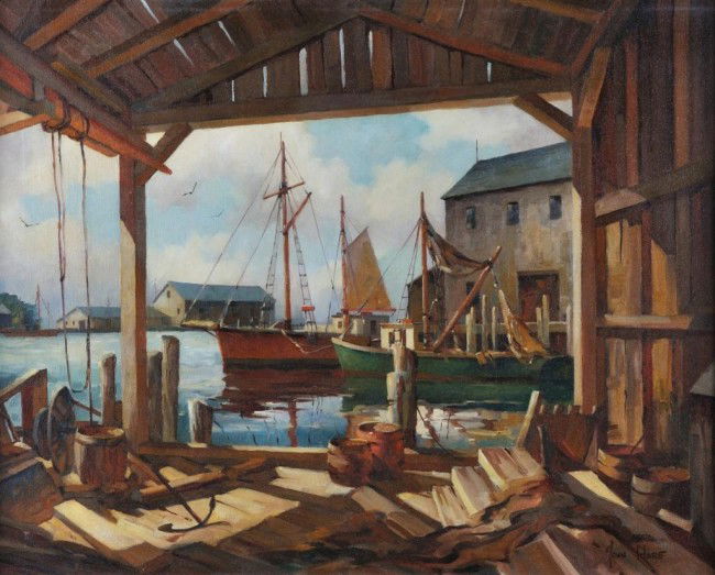 JOHN CUTHBERT HARE (American 1908-1978): A PAINTING, "Repair shop Interior, Gloucester," oil on canvas, signed L/R. 24" x 30". Framed.