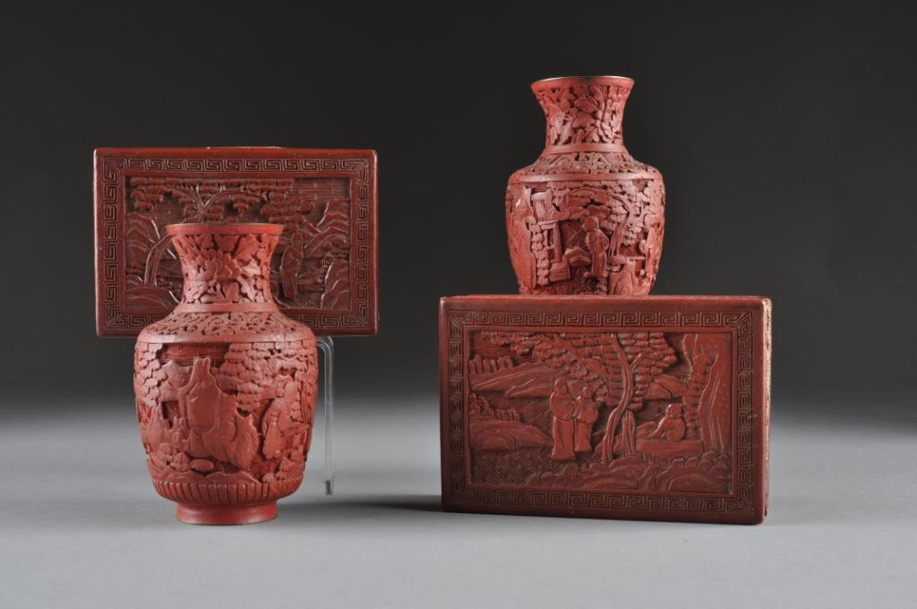A COLLECTION OF ANTIQUE CHINESE CINNABAR,: 19TH CENTURY, including a pair of vases, height: 5", and a pair of rectangular covered rectangular boxes, each depicting figures in a landscape. Length: 5 3/4"