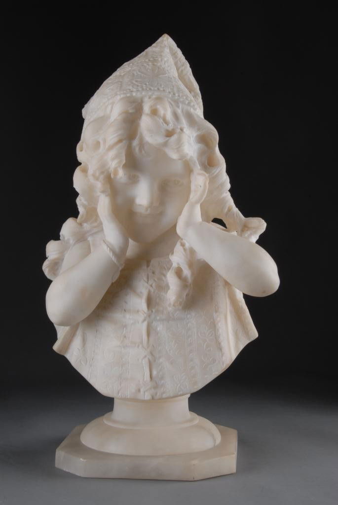 EMILIO FIASCHI (Italian, 1858-1941): Antique Italian alabaster bust of a young girl, expertly sculpted with beautifully rendered curly hair, mounted on a circular alabaster socle and square base. The back of the sculpture bears an etched