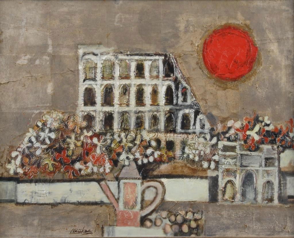 DAVID ADICKES (AMERICAN B. 1927): A PAINTING, View from the Cafe of the Roman Coliseum," Oil on canvas. Signed L/L. 16" x 20"." Framed. Framed. 16 x 20"" Framed. Provenance: James Bute Gallery, Houston, Texas 16 x 20" Framed."
