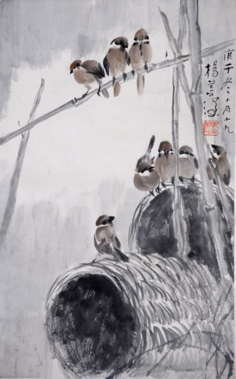 A VINTAGE CHINESE WATERCOLOR SCROLL,: depicting sparrows resting on a bamboo clothesline and empty straw baskets, ink and watercolor on rice paper, inscription and seals of the artist. Length: 27 1/4, width: 17 1/4"