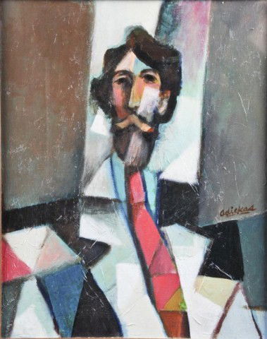 DAVID ADICKES (AMERICAN B.. 1927),: A PAINTING Cubist Poet in a Pink Tie," Oil on canvas. Signed M/R. 20" x 16"." Framed.