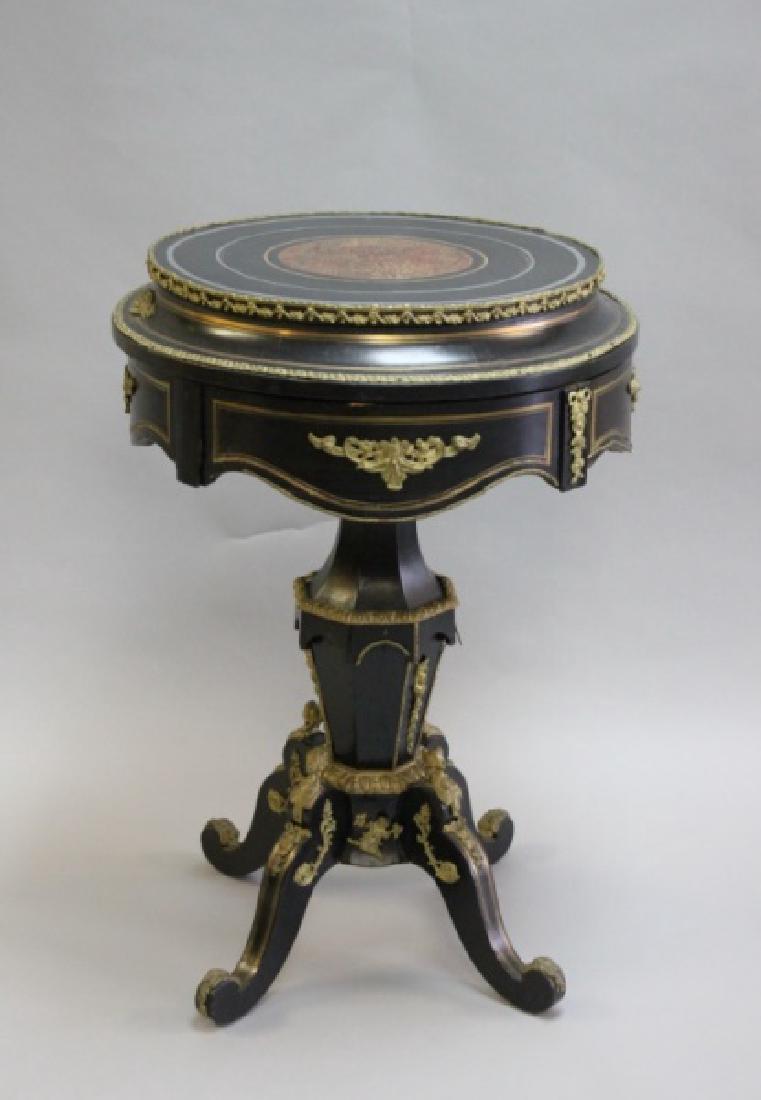 Antique French Boulle Round Dressing Table Vanity: Antique French Boulle round dressing or table or vanity with hidden tray compartments beneath hinged top with undersided mirror. Marquetry and ornate brass inlay throughout . Good condition (some loss