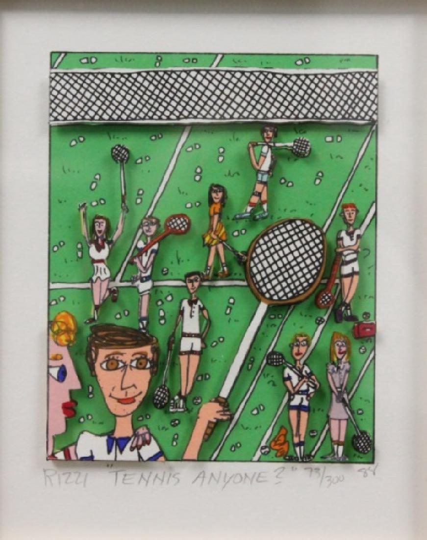 James Rizzi (1950-2011) "Tennis Anyone?" Litho: James Rizzi (American, 1950-2011) Pop Art cut-out lithograph titled, "Tennis Anyone". Pencil signed, numbered 73/300, and dated 18. Excellent condition. Art measures 5.5" x 6.5". Frame measures 13" x 