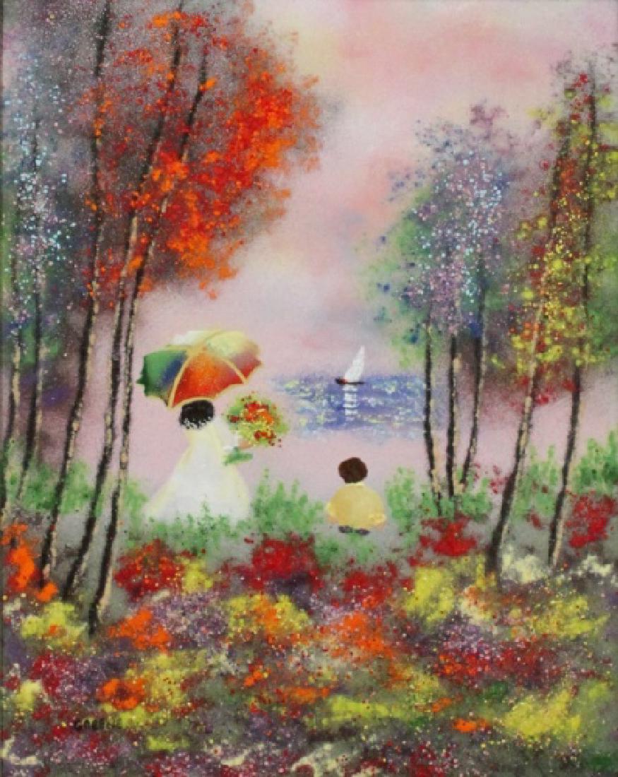 Large Vintage Enamel on Copper Lake Park Scene: Very large vintage (possibly antique) enamel on copper impressionist painting depicting a couple in a park or garden overlooking a lake. Signed, "Greene", lower right. Excellent condition. Art measure