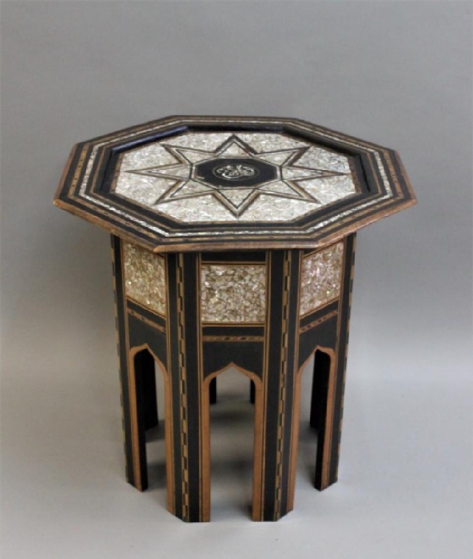Vintage Persian Taboret Table w Mother of Pearl: Vintage Persian or Syrian 8 sided, octagon form taboret table with mother of pearl inlay. Very good condition. Measures 26" x 26" x 25.5".