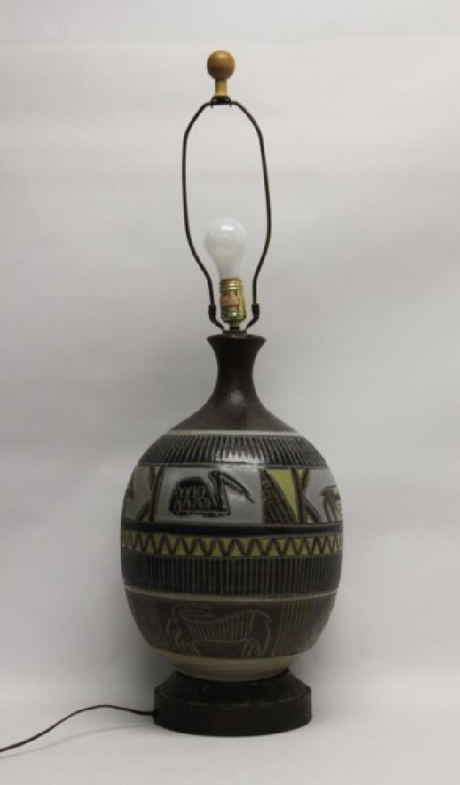 MCM Glazed Pottery Lamp Tribal Design w Animals (1 of 4)