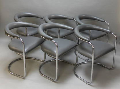 (6) MCM Thonet Gray Leather & Chrome Dining Chairs: (6) Mid Century Modern Anton Lorenz for Thonet grey leather dining chairs with welded chrome frames. Excellent condition. Measure 23" x 23" x 29", each.