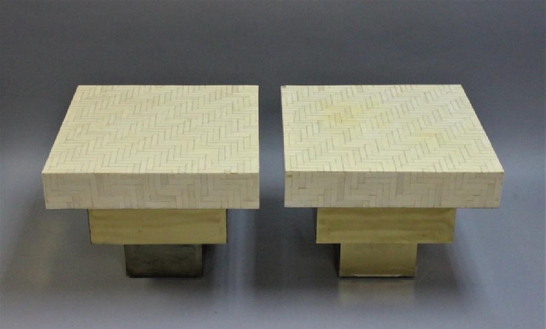Pair Enrique Garcel Tessellated Bone End Tables: Pair Enrique Garcel Tessellated Bone, brass based end tables. Very good condition (some damage, see photos). Measure 20" x 20" x 16",each.
