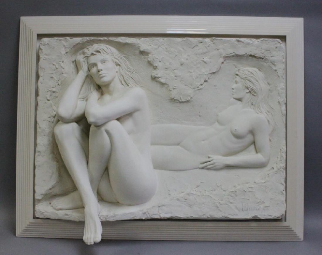 Bill Mack Bonded Sand Relief Wall Sculpture, Nudes: Bill Mack (American, born 1949) bonded sand relief wall sculpture depicting two nude females titled, "Reflection". Artist signed and numbered 87/95. Measures 60" x 14" x 46.5".