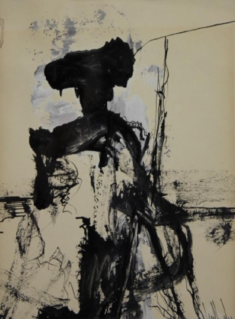 Gino Hollander (1924-2015) Abstract Portrait of Matador: Gino Hollander (American, 1924-2015) oil painting on paper of an abstract figure. Signed, lower right. Excellent condition. Art measures 7.75" x 5.5". Frame measures 14" x 12".