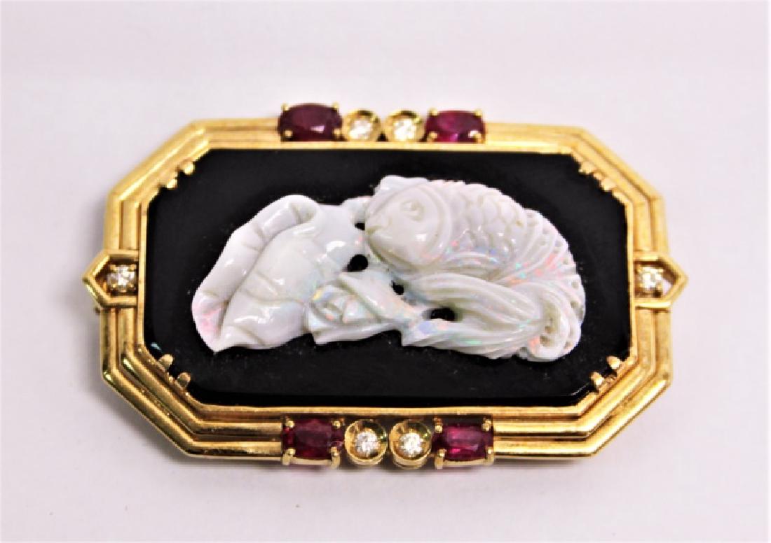 14K Gold, Onyx, Ruby, Diamond & Carved Opal Brooch (1 of 5)