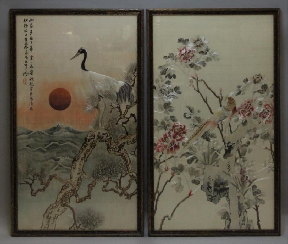 (2)19C Chinese Embroidered Silk Tapestries w Birds (1 of 7)