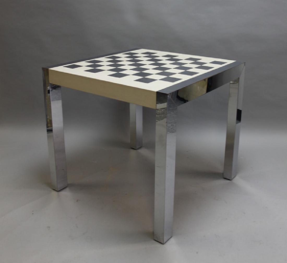 MCM Paul Evans Chrome & Leather Game Table: Mid Century Modern Paul Evans design game table with a bone leather and polished chrome checkerboard top and polished "U" form chrome legs. Very good condition (damage at upper corners, see photos). M