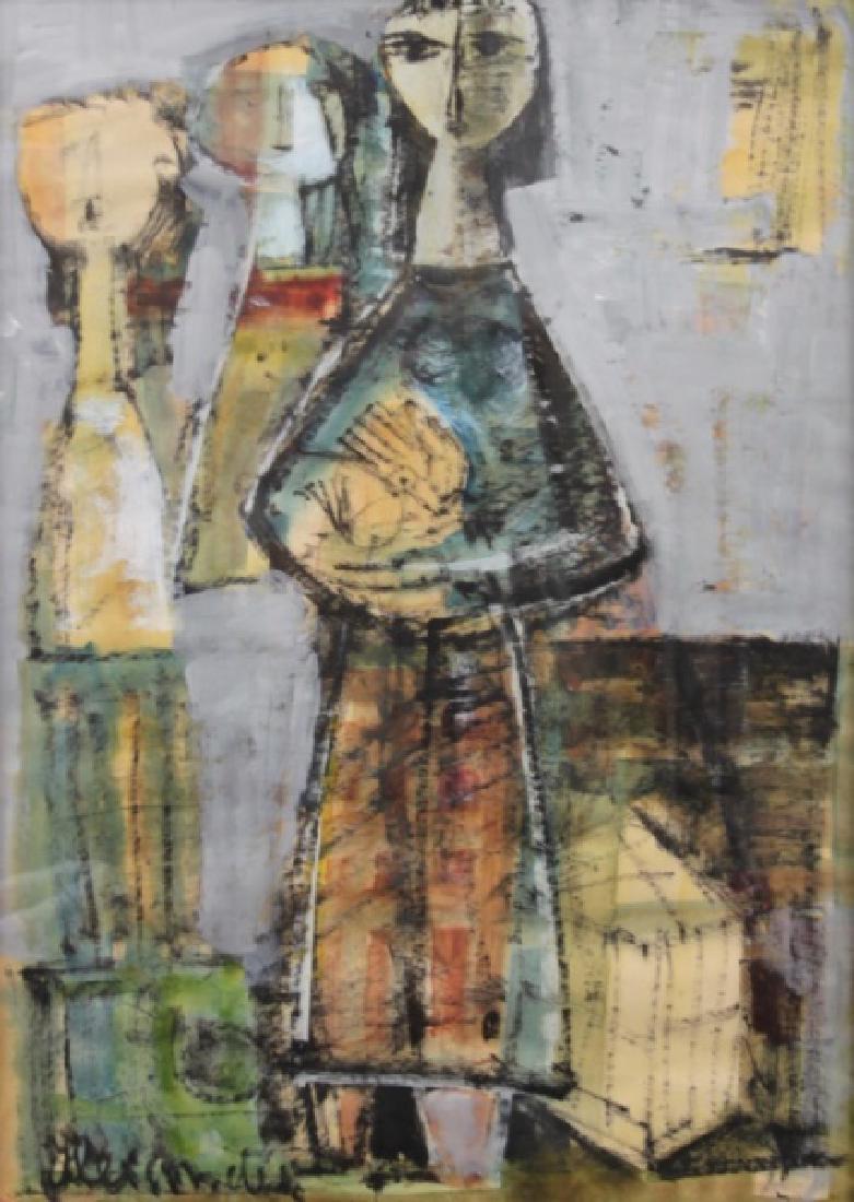 Israeli Cubist Impressionist Gouache on Paper: 1960's Israeli Cubist Impressionist gouache painting on paper. (Signature indecipherable) depicting 3 figures. Excellent condition. Art measures 19" x 27". Frame measures 25.5" x 33.5".