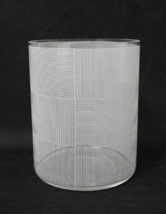 Sydney Cash MoMa New York Cylinder Vase: Sydney Cash for "MoMA", Museum of Modern Art, New York art glass cylindrical vase with an optical white geometric grid. Excellent condition. Measures 5" dia x 6.5".