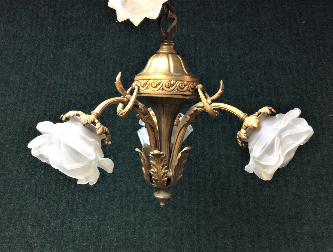 2-19C French Dore Bronze & Glass Hanging 3Lite Gasolier (1 of 4)