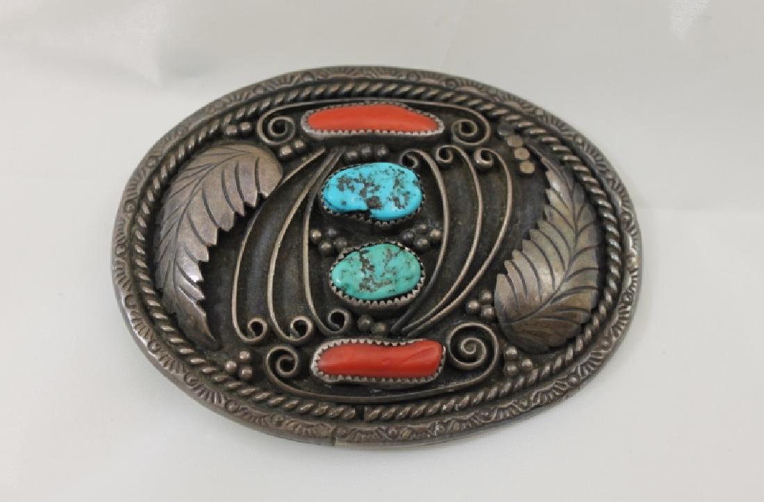 Navajo Sterling Belt Buckle w Turquoise & Coral: Navajo Indian sterling silver belt buckle with turquoise and coral. Buckle is marked en verso E. Tom. Excellent condition. Measures 3.5" x 2.6". Weight = 2.8 oz.