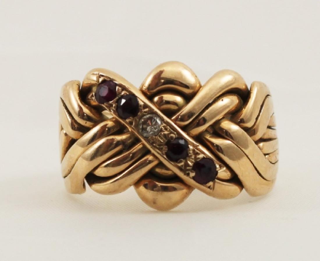 14k Men's Gold Puzzle Ring w Rubies and Diamond (1 of 6)