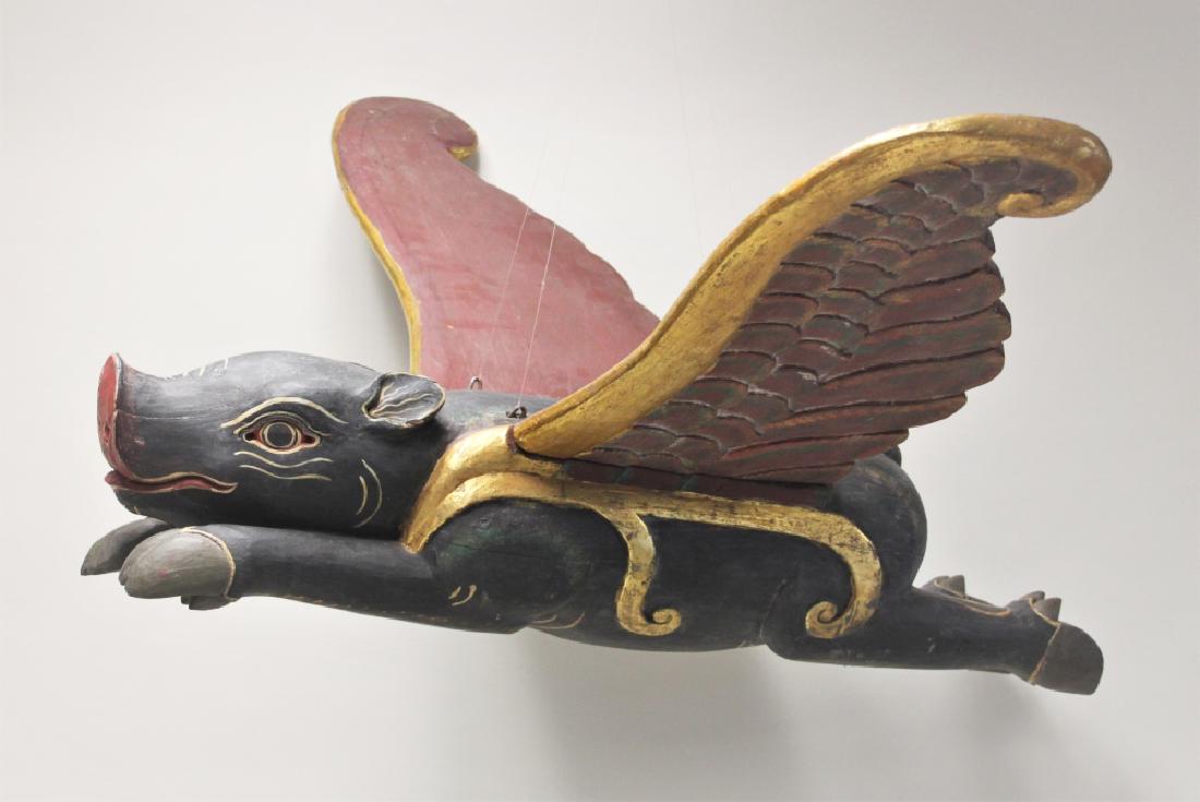 Large Vintage Carved Wood Flying Pig with Wings (1 of 12)