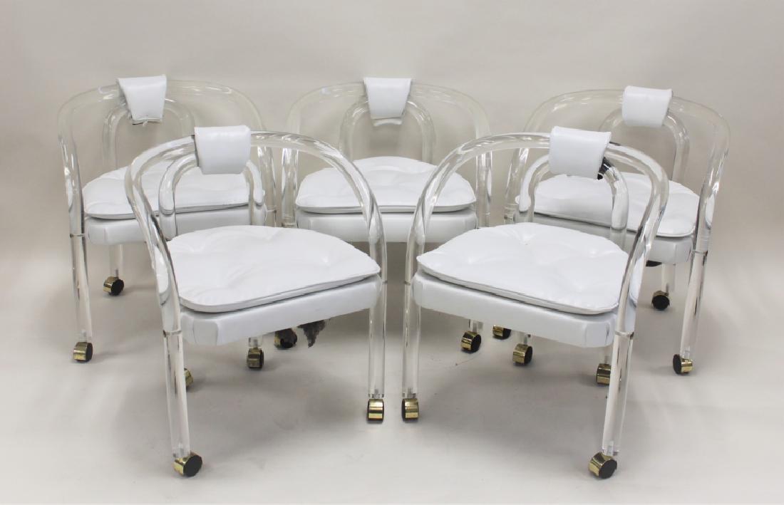 (5) George Hollis Jones Tubular Lucite Chairs: (5) George Hollis Jones curved tubular Lucite chairs with white vinyl upholstery. Excellent condition (some butterflies in Lucite, see photos). Measure 23" x 21" x 27".